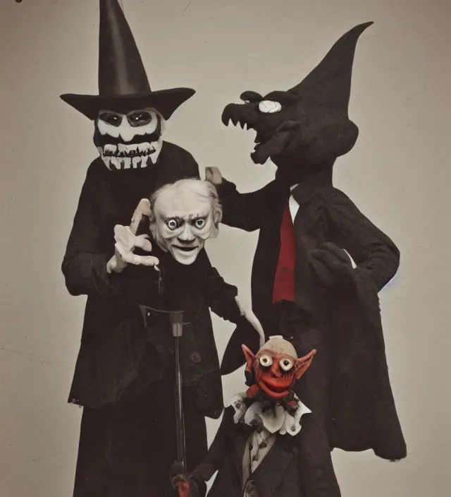 Prompt: hyper realistic old 1 9 8 0 photography of lunatic mad ventriloquist occultist old man with terrific haunted devil puppet