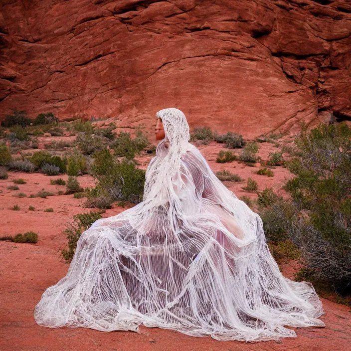 Image similar to a color photograph, closeup portrait of a woman wrapped in lace, sitting in a plastic throne, in arches mountains national park in utah, color photograph, by vincent desiderio, canon eos c 3 0 0, ƒ 1. 8, 3 5 mm, 8 k, medium - format print