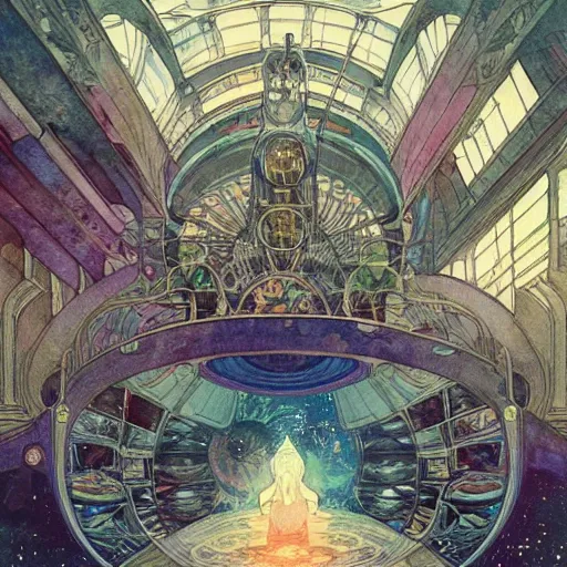 Prompt: a beautiful intricate watercolor illustration of an interior of space ship, 4 k, ultra - wide angle, by william turner, by victo ngai, by alphonse mucha, by miho hirano, by moebius, hd, trending on artstation, hyper detailed, muted colors