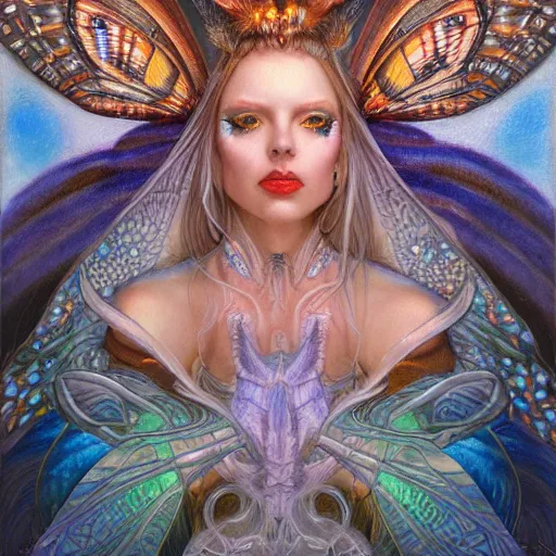 Image similar to beautiful closeup portrait of an art deco fairy queen, glowing eyes. reflective detailed textures, moth wings, highly detailed dark fantasy science fiction painting by donato giancola and peter mohrbacher and diego rivera, elaborate geometric ornament, ancient runes, silver and cool colors. artstation