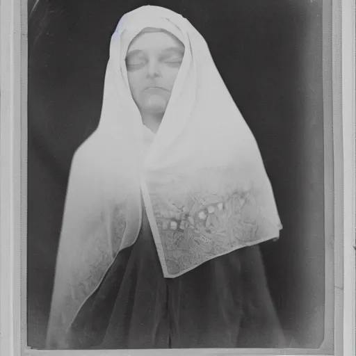 Image similar to filmstill photography of female face covered with white translucent blanket, old victorian room