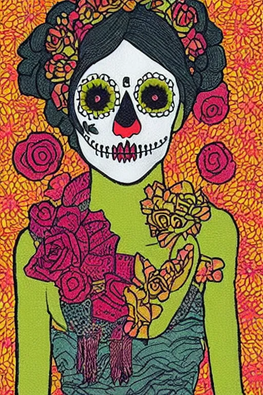 Prompt: Illustration of a day of the dead girl, art by Anni Albers