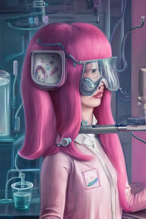 Prompt: highly detailed, industrial photography, colored gel light, profile photo of adult princess bubblegum from adventure time, working in her science lab, wearing lab coat, long bubblegum hair, long straight bangs, confident, beautiful, attractive, illustration concept art by nicoletta ceccoli, mark ryden, lostfish, detailed and intricate environment, 8 k resolution, hyperrealistic, octane render