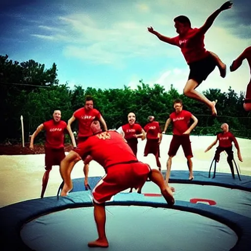 Prompt: “Spartans jumping on trampoline red greece ”