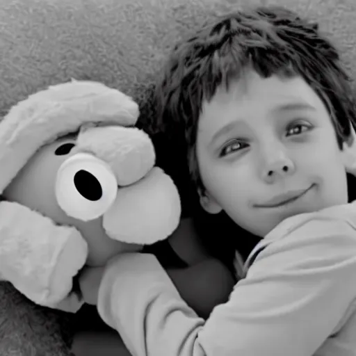 Prompt: commercial of a 6 year old boy cuddling with elmo shaped as a crucifix, early 2 0 0 0 s infomercial, film grain, realistic