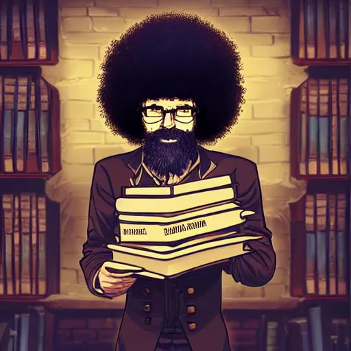 Image similar to a full shot of a steampunk Bob Ross with a black bob hair style holding a stack of books, standing in a steampunk reading room. in a steampunk reading room. digital illustration, soft lighting lighting, 8K, anime, trending on ArtStation, digital art. @MarioManiacDude