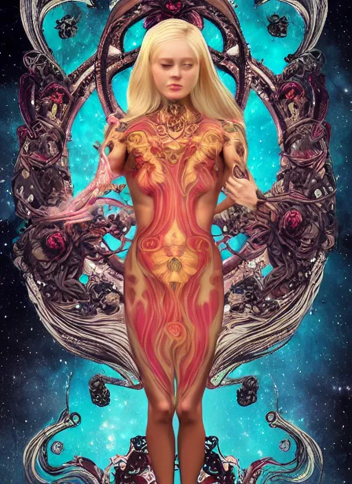 Image similar to blonde girl in a cosmic dress, full-body tattoos, ornate, rococo, grotesque, zbrush art, majestic, organics, silver filigree, colorful, dark fantasy, celtic knot, anatomical, HR, giger style, moebius, frank frazetta, ornate, art nouveau, symmetrical, turquoise jewelry, red smoke, roses, unbiased render, rotten, Emil melmoth, eerie, macabre, haunting,detailed and intricate, floral, faded pink, hypermaximalist, elegant, vintage, hyper realistic, super detailed, pastel colors, 8K, octane render, 8k,