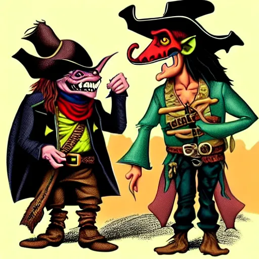 Image similar to a goblin with a large nose and a pirate with a bandana negotiating a contract with Jared Leto in a Western saloon.