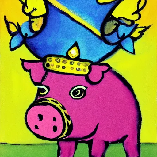 Image similar to pig wearing a simple gold crown in the style of peter max