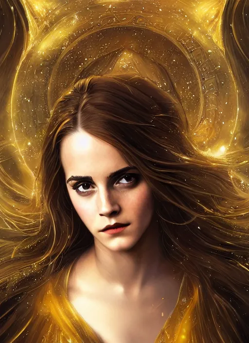 Prompt: emma watson as dark magic celestial, long hair, black, gold and transparent cloth, space, D&D, shiny background, intricate, elegant, highly detailed, digital painting, artstation, concept art, smooth, sharp focus, illustration, artgerm, bouguereau