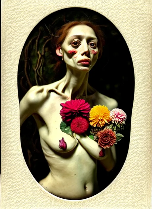 Image similar to beautiful and detailed rotten woman made of plants and many types of stylized flowers like carnation, chrysanthemum, roses and tulips, intricate, surreal, vladimir volegov, john constable, guy denning, gustave courbet, caravaggio, romero ressendi, 1 9 1 0 polaroid photo