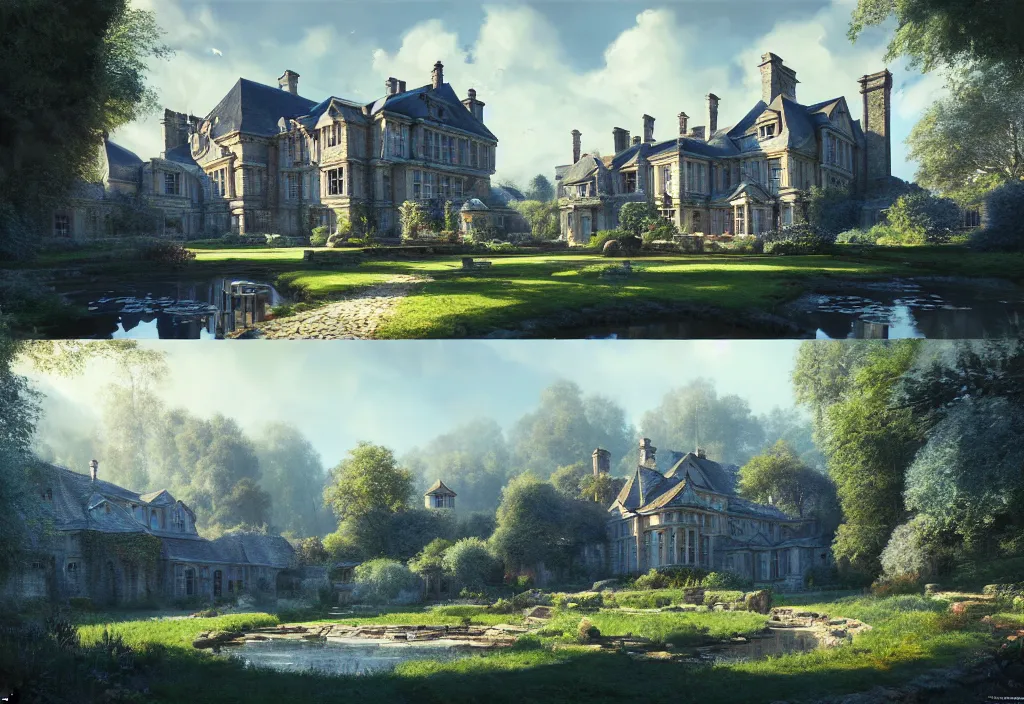 Image similar to a large georgian manor house with a gravel path and small fishpond, cinematic view, blue sky, detailed, concept art, high angle, high detail, warm lighting, volumetric, vivid, trending on artstation, by jordan grimmer, art greg rutkowski