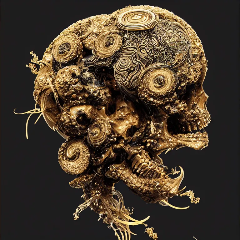 Prompt: black background. absolutely symmetrical sculpture. centered. goddess princess face close-up portrait ram skull. sculpture made of gold and black charcoal. jellyfish phoenix head, nautilus, orchid, skull, betta fish, bioluminiscent creatures, intricate artwork by Tooth Wu and wlop and beeple. octane render, trending on artstation, greg rutkowski very coherent symmetrical artwork. cinematic, hyper realism, high detail, octane render, 8k