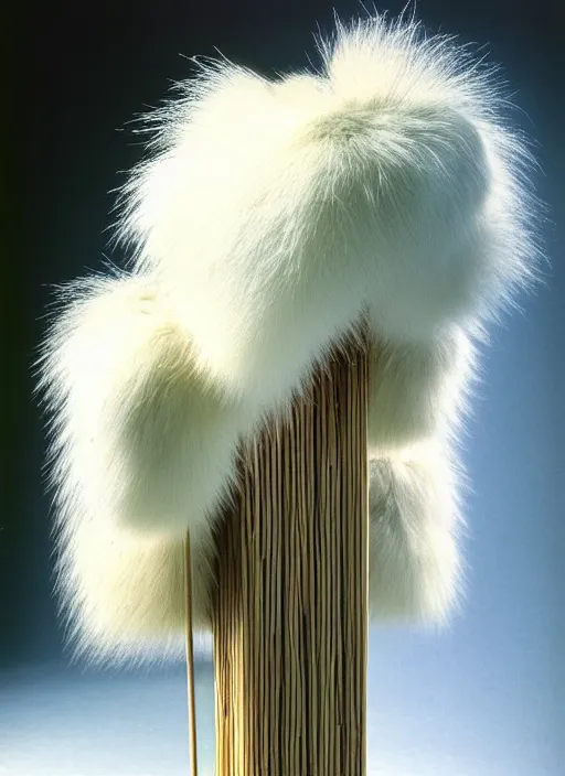 Image similar to realistic photo of a a modern brushwood and straw astronomy archeology scientific equipment gadget sculpture made of brushwood, with white fluffy fur, by dieter rams 1 9 9 0, life magazine reportage photo, natural colors, metropolitan museum collection