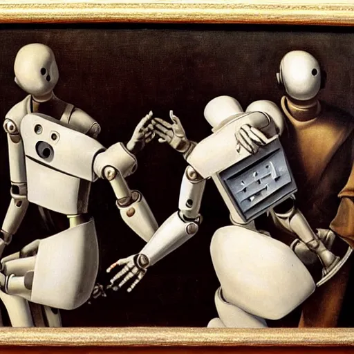 Image similar to robots holding hands by caravaggio