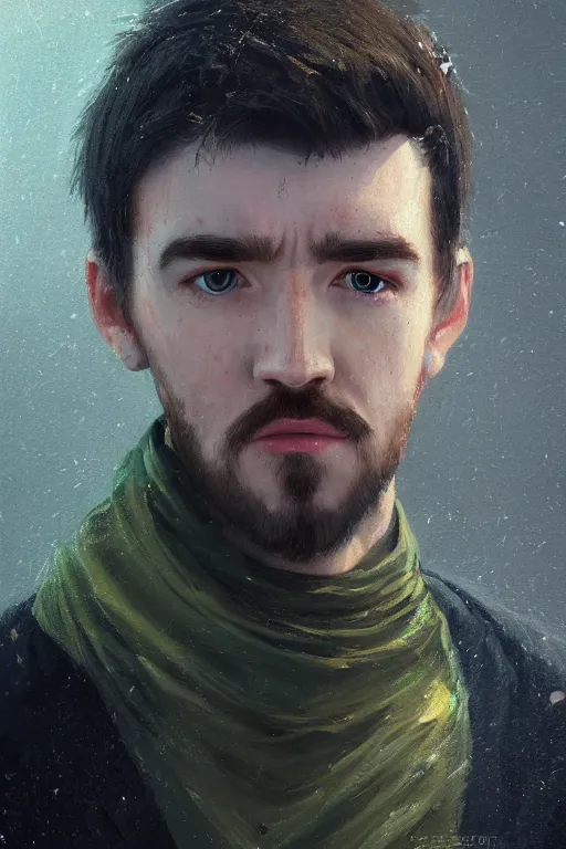 Image similar to a fancy portrait of Seán William McLoughlin, jacksepticeye by Greg Rutkowski, Sung Choi, Mitchell Mohrhauser, Maciej Kuciara, Johnson Ting, Maxim Verehin, Peter Konig, 8k photorealistic, cinematic lighting, HD, high details, atmospheric,