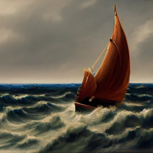 Image similar to wooden boat with sails in stormy sea with dart weider, oil painting, 4 k