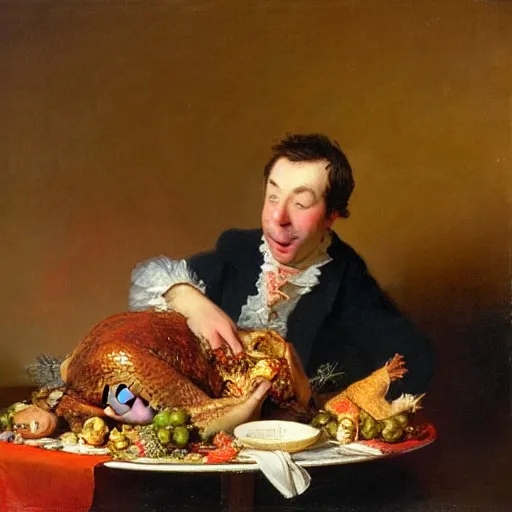 Prompt: british comedian david mitchell eats a turkey for christmas, oil on canvas, by jean honore fragonard