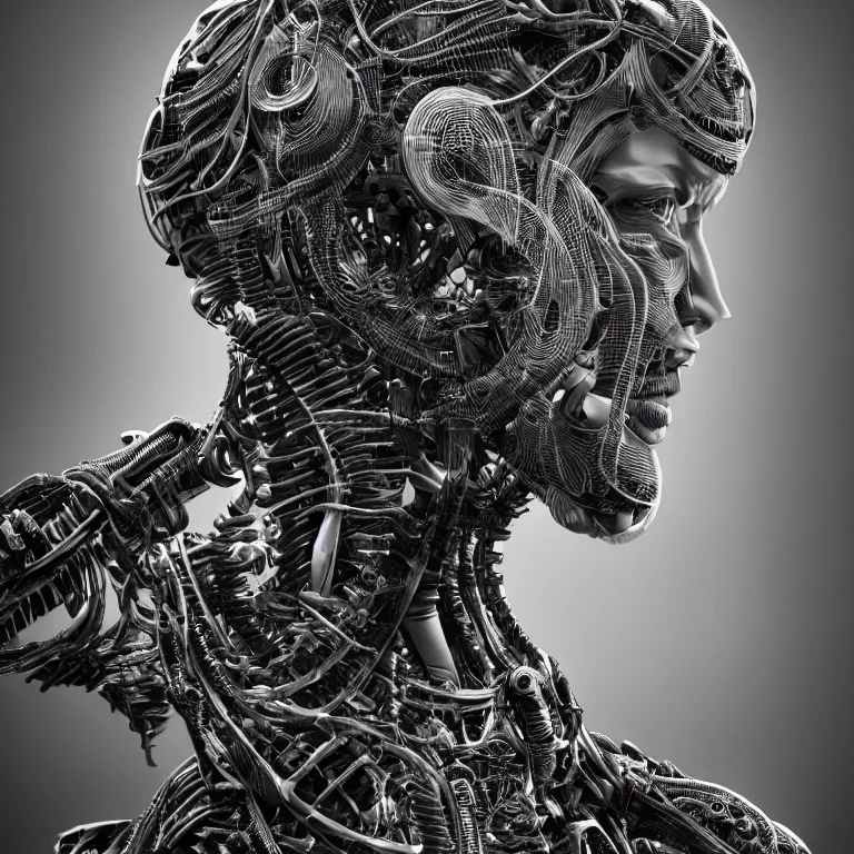 Prompt: surreal biomechanical spinal ribbed tribal exotic organic man face portrait of mechanical cyborg, beautiful detailed intricate insanely detailed BW 3D render digital art, octane render, 8K artistic photography, photorealistic