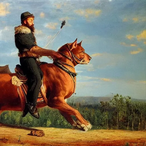 Image similar to man riding a huge cat, oil painting by Ivan Shishkin