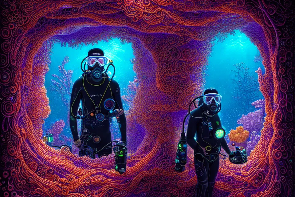 Prompt: detailed portrait of a cyberpunk scuba diver inside a dmt portal, cinematic lighting, corals, 8 k high resolution, by james r eads and tomasz alen kopera
