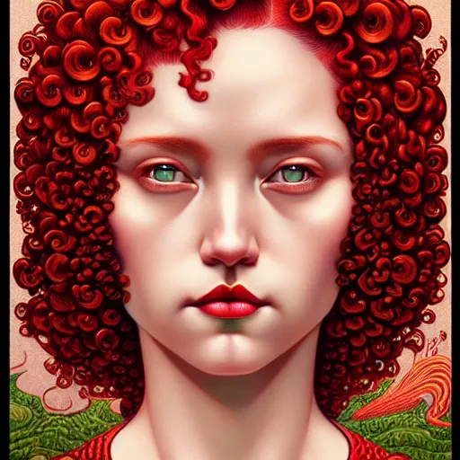 Prompt: beautiful ornate face of a woman with red curly hair poking out of water by Casey Weldon and Chie Yoshii, rich colors, intricate, elegant, highly detailed, centered, digital painting, artstation, concept art, smooth, sharp focus, illustration, octane render