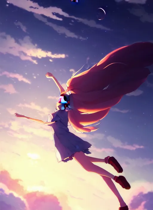 an anime girl flying through the sky on a magical, Stable Diffusion