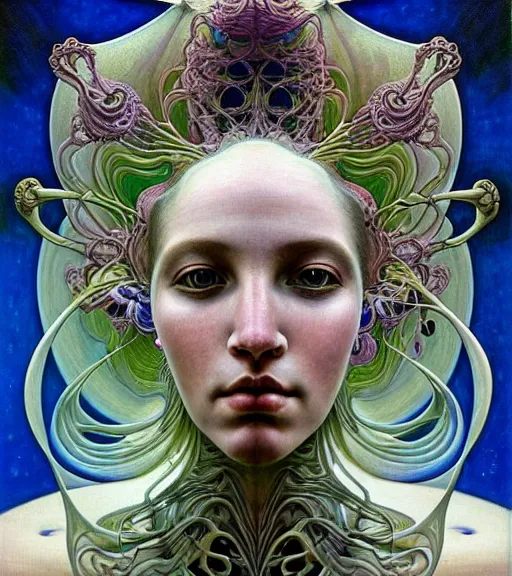 Prompt: detailed!!! coherent!!! realistic beautiful young groovypunk queen of andromeda galaxy. face portrait. art nouveau, symbolist, visionary, baroque, giant fractal details. horizontal symmetry by zdzisław beksinski, iris van herpen, raymond swanland and alphonse mucha!!!. highly detailed, hyper - real, beautiful
