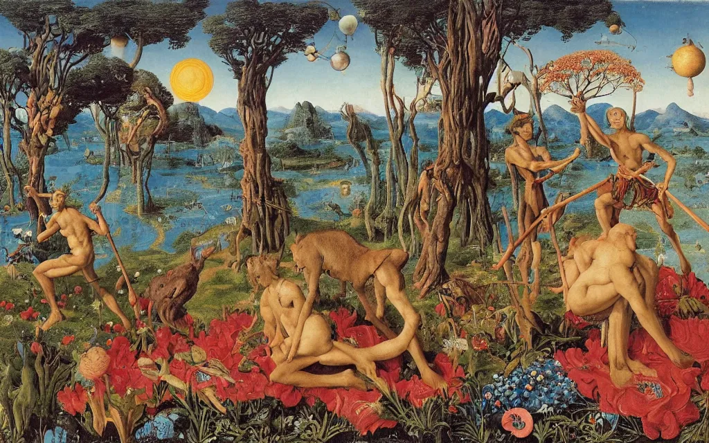 Image similar to a portrait photograph of a meditating satyr and a centaur monk riding a rocket machine and hunting at a river delta. surrounded by bulbous flowers and trees. mountain range under a blue sky of fiery stars. by jan van eyck, max ernst, ernst haeckel, ernst fuchs and artgerm, cgsociety, fashion editorial, 8 k