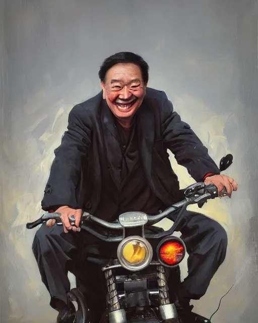 Image similar to greg manchess portrait painting of smiling creepy asian middle age man, sitting on moped motorbike burning on fire, medium shot, asymmetrical, profile picture, organic painting, sunny day, matte painting, bold shapes, hard edges, street art, trending on artstation, by huang guangjian and ail elvgren and sachin teng