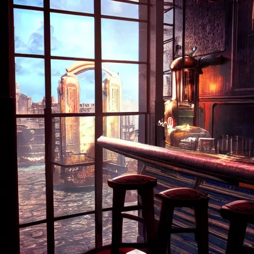 Image similar to In the world of rapture from the world of bioshock you are in a bar, there is a window that lets you see the whole city and you are drinking a rum and coke