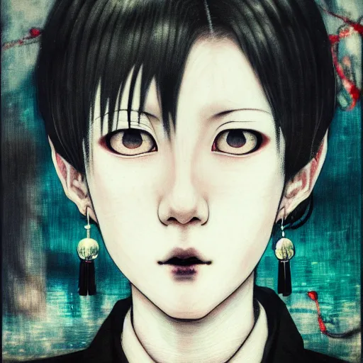 Image similar to yoshitaka amano blurred and dreamy realistic three quarter angle horror portrait of a sinister young woman with short white hair, big earrings and fully black eyes wearing office suit with tie, black and white junji ito abstract patterns in the background, satoshi kon anime, noisy film grain effect, highly detailed, renaissance oil painting, weird portrait angle, blurred lost edges