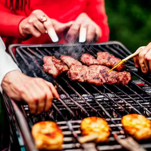 Image similar to a babushka grilling meat on a barbeque, people are dancing and having fun with beers in their hands