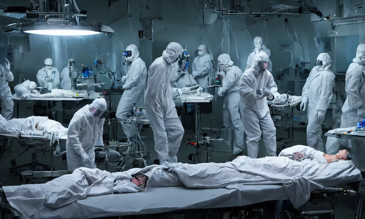 Prompt: alien scientists making human autopsy in dark spaceship laboratory, with electric arc devices, lightnings, dramatic shadows cast on dirty ground, showcases full of embryos, soft smoke, volumetric lighting, subsurface scattering, dramatic lighting, high detail, from new scifi by digital domain and weta digital, strong ambient occlusion, matrix movie color grading