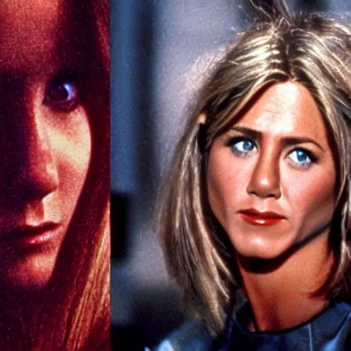 Image similar to jennifer aniston as dark lady, 1 9 8 0 s movie still frame, art by ridley scott