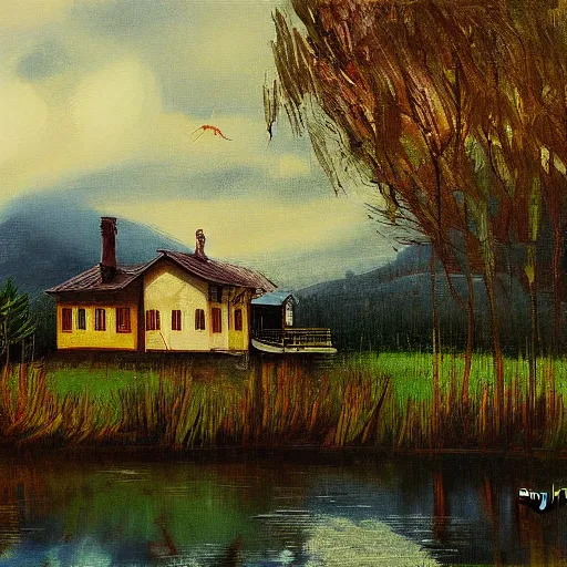 Prompt: a house by the lake painted by igor kieryluk