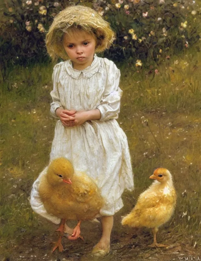 Image similar to portrait of little peasant girl with chick, cottage core, cinematic focus, polaroid photo bleached vintage pastel colors high - key lighting, soft lights, foggy, by steve hanks, by lisa yuskavage, by serov valentin, by tarkovsky, 8 detailed, oil on canvas