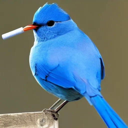 Prompt: a blue bird smoking a cigarette