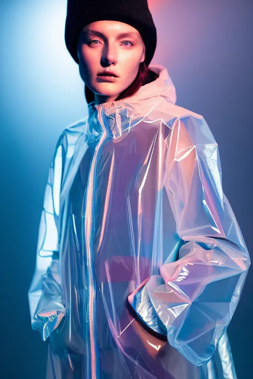 Image similar to an ultra high definition professional high fashion portrait studio full length photograph of a model wearing a transparent pearlescent raincoat and neon visor in an icelandic black rock environment at dawn. no artefacts. extremely detailed. stark. refraction. shallow depth of field. volumetric light and shadow. ray tracing. light rays.