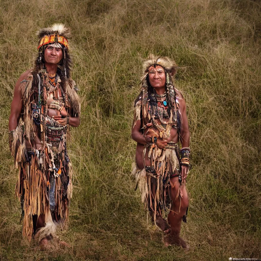 Image similar to extremely detailed award winning national geographic full body portrait photography from ancient tribal shaman multiple from different cultures all over the world. 64megapixel. Realistic render. Landscape background what is slightly blurry and windy.