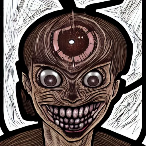 Image similar to a dark brown humanoid, hyper detailed, in the style of junji ito and and junji ito and junji ito, selfie