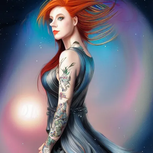 Image similar to a full body portrait of a beautiful tattooed redhead woman sitting, carrying a gun, a planet in the background. futurist, blue dress, light iridescent hair color, long windy hair style, fantasy, realistic, intricate, sharp focus, lens flare, bloom, rim light, illustration, highly detailed, digital painting, concept art, matte, art by ruan jia