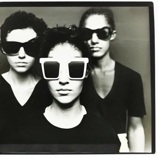 Prompt: grainy portrait polaroid film photograph of a schoolbook where everyone is wearing sunglasses. super resolution. extremely detailed. polaroid 6 0 0 film. by annie leibovitz and richard avedon