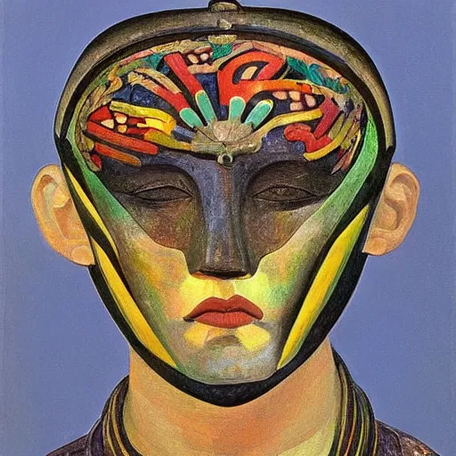 Prompt: head of a beautiful boy wearing a mask made of metal flowers, by diego rivera and john watkiss, art deco shaman, stylized geometric flowers, art brut, symbolist, dramatic lighting, god rays, iridescent beetles, clean crisp graphics, smooth sharp focus, extremely detailed, adolf wolfli