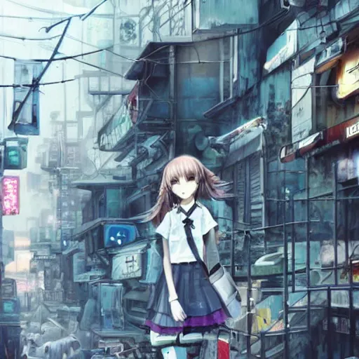 Image similar to dynamic composition, motion, ultra-detailed, incredibly detailed, a lot of details, amazing fine details and brush strokes, colorful and grayish palette, smooth, HD semirealistic anime CG concept art digital painting, watercolor oil painting of Clean and detailed post-cyberpunk sci-fi close-up schoolgirl in asian city in style of cytus and deemo, blue flame, relaxing, calm and mysterious vibes,, by a Chinese artist at ArtStation, by Huang Guangjian, Fenghua Zhong, Ruan Jia, Xin Jin and Wei Chang. Realistic artwork of a Chinese videogame, gradients, gentle an harmonic grayish colors. set in half-life 2, Matrix, GITS, Blade Runner, Neotokyo Source, Syndicate(2012), dynamic composition, beautiful with eerie vibes, very inspirational, very stylish, with gradients, surrealistic, dystopia, postapocalyptic vibes, depth of field, mist, rich cinematic atmosphere, perfect digital art, mystical journey in strange world