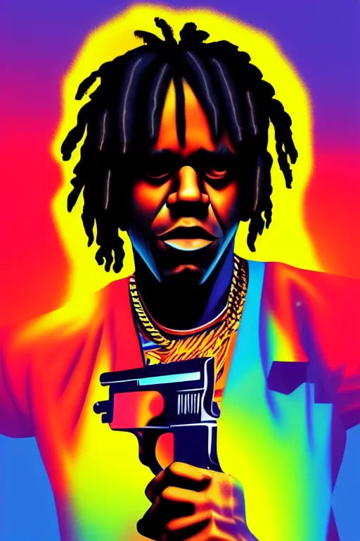Prompt: chief keef with riffle, gta vice city style art, pop art, no duplicate image, glowing lights, ultra details, ultra realistic, digital painting, artstation, concept art, smooth, sharp focus, illustration, intecrate details, art by richard hamilton and mimmo rottela, pixels art by kirokaze and paul robertson