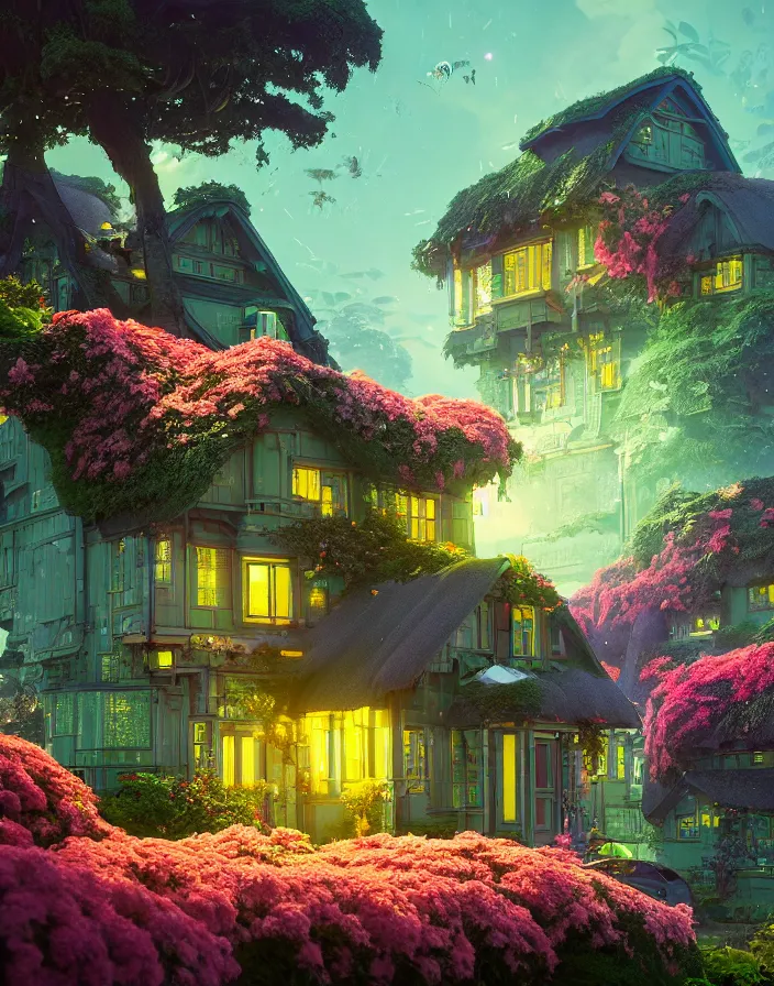 Prompt: flowery cottage,in a flying city, solar, green technology, optimist future by Asher Durand, intricate artwork by Tooth Wu and wlop and beeple and dan mumford and greg rutkowski and nekroxiii. halo. octane render, cinematic, hyper realism, octane render, 8k, depth of field, bokeh. iridescent accents. vibrant.