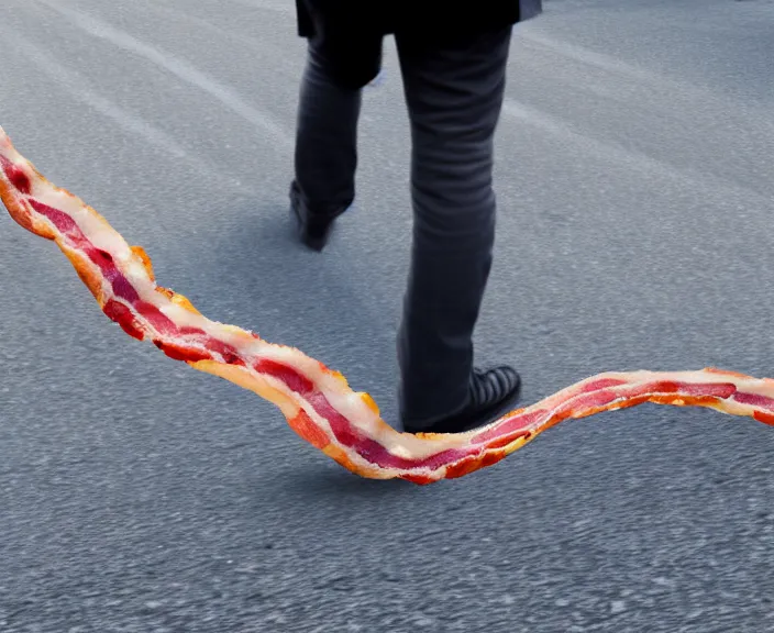 Image similar to A strip of bacon walking down the street, 4K, HD, Digital Art