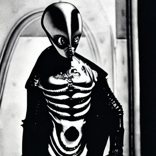 Image similar to H R Giger’s Alien, dressed in avant-garde outfit, posing on a runway