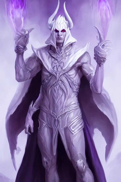 Prompt: human male demon, full body white purple cloak, no hoodie, warlock, character concept art, costume design, black eyes, white horns, trending on artstation, Artgerm , WLOP